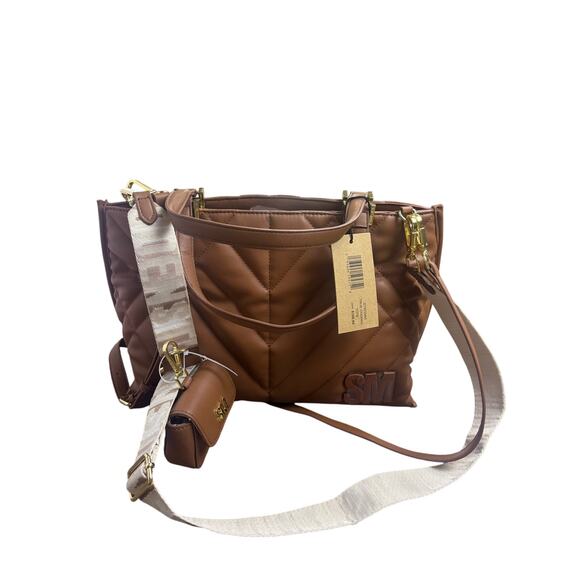 Steve Madden Quilted Tote Bag True Cognac Brown SM Logo Strap Gold Hardware NWTT - Picture 1 of 9